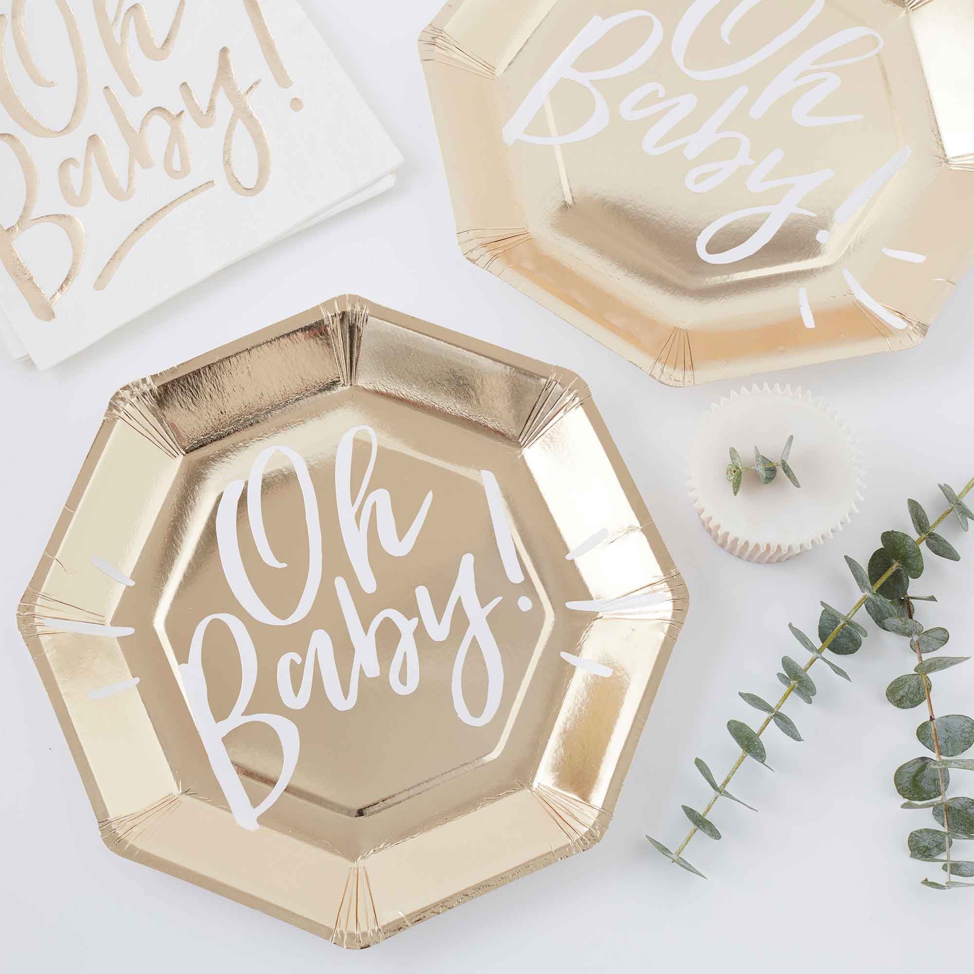 Oh Baby! Ginger Ray White And Gold Foiled Baby Shower Party Game Badge Kit 6 Pack 